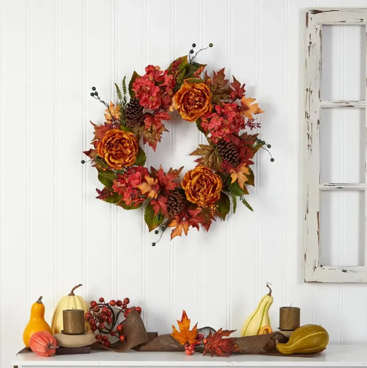 Hivvago 25" Fall Ranunculus, Hydrangea and Berries Autumn Artificial Wreath