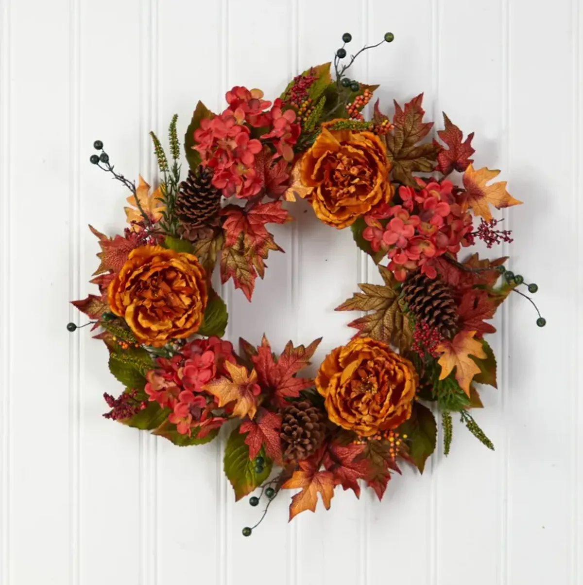 Hivvago 25" Fall Ranunculus, Hydrangea and Berries Autumn Artificial Wreath