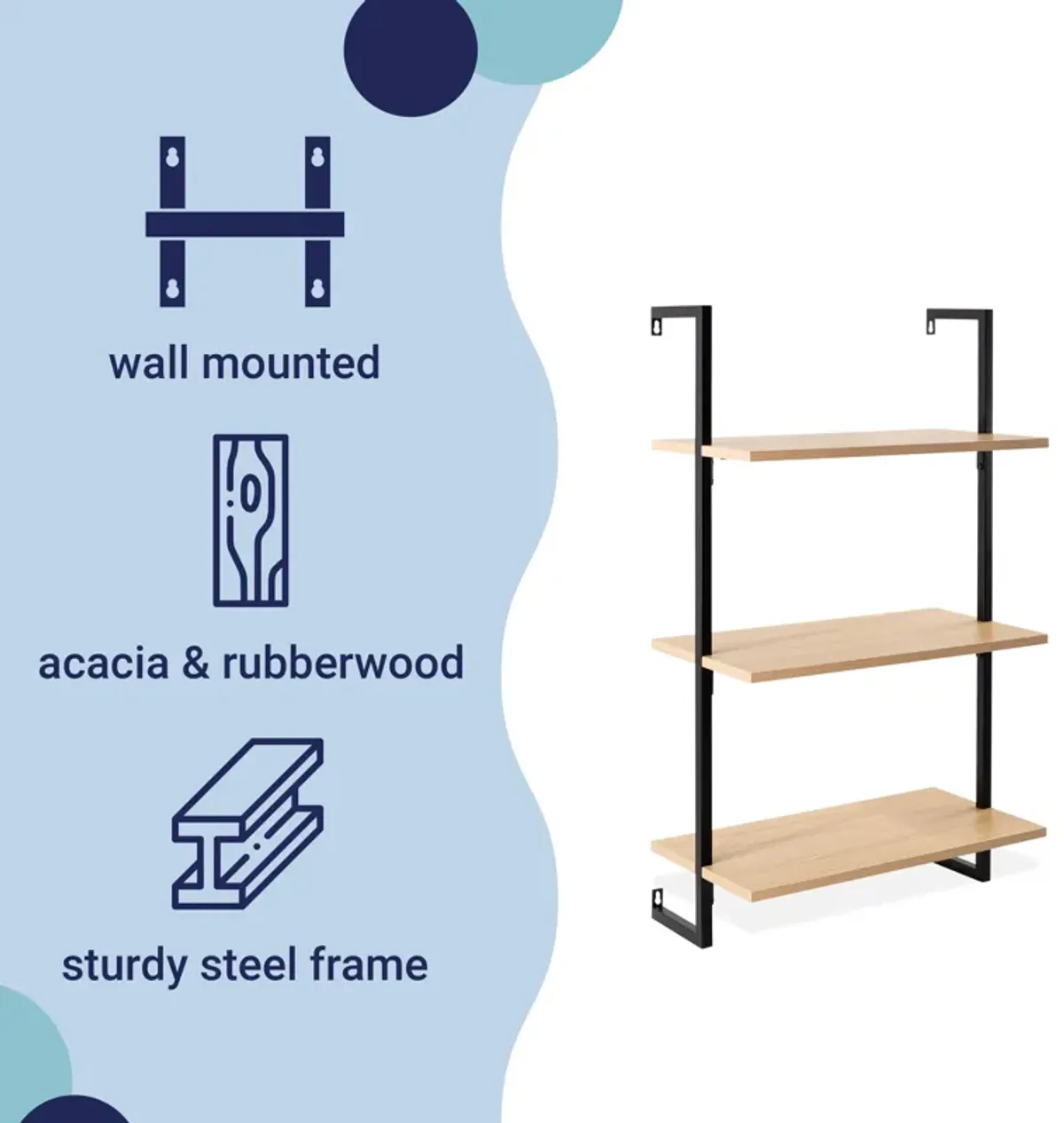 Madera  Industrial 3-Shelf Wood Wall-Mounted Open Ladder Bookcase