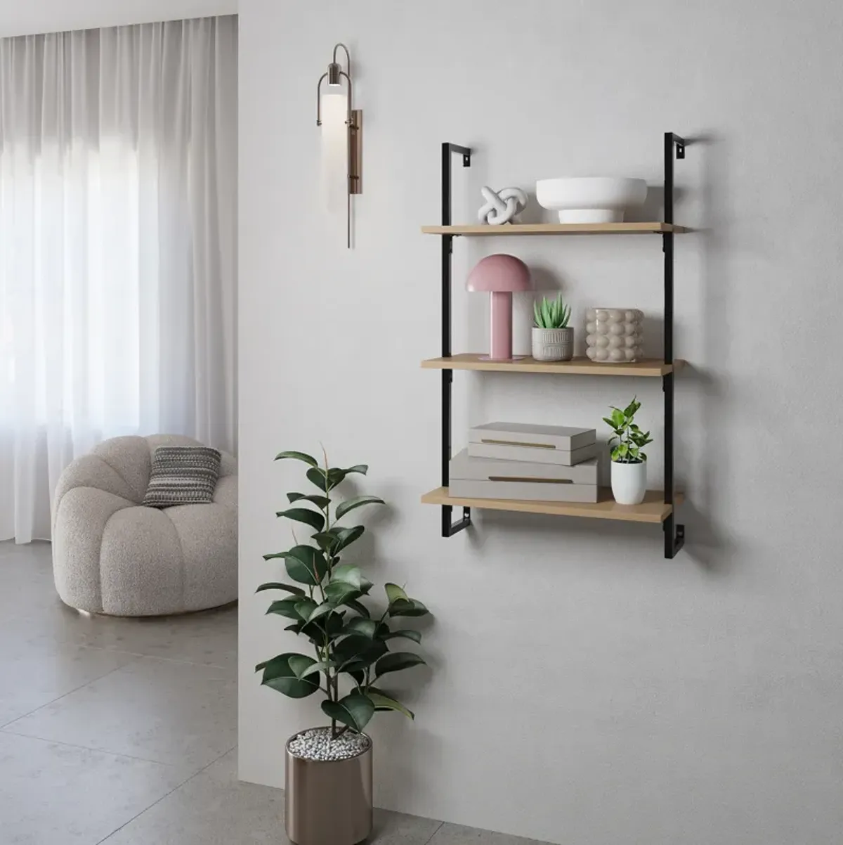 Madera  Industrial 3-Shelf Wood Wall-Mounted Open Ladder Bookcase