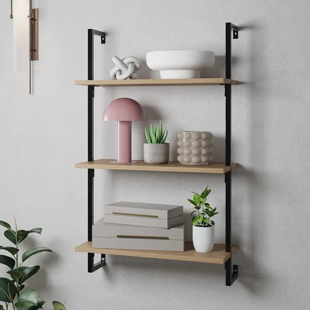 Madera  Industrial 3-Shelf Wood Wall-Mounted Open Ladder Bookcase