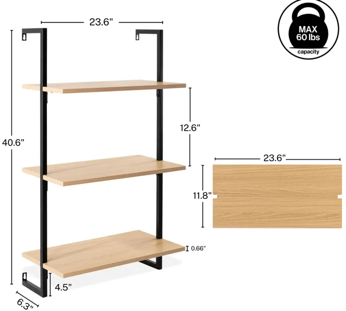 Madera  Industrial 3-Shelf Wood Wall-Mounted Open Ladder Bookcase