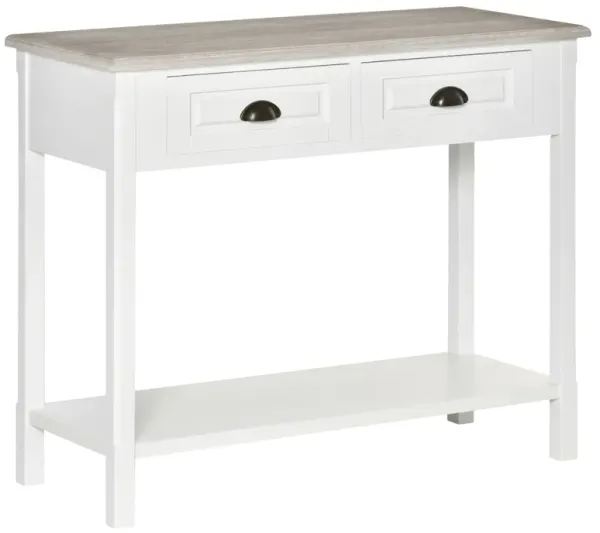 Vintage White Console Table: Distressed Sofa Table with 2 Drawers, Open Shelf