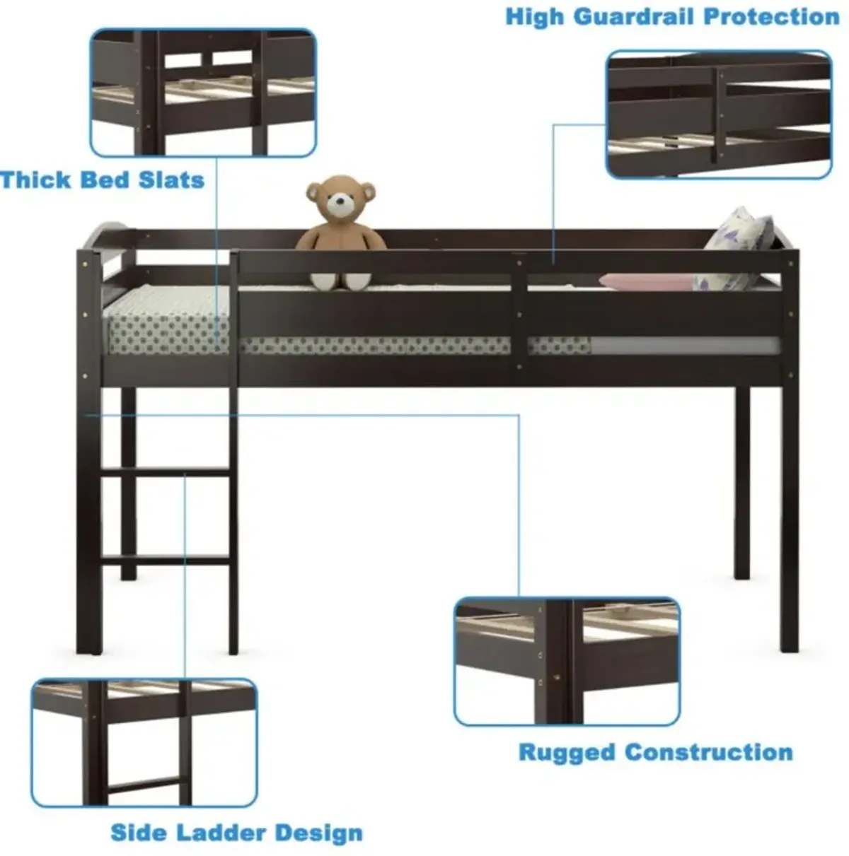 Hivvago Wooden Twin Low Loft Bunk Bed with Guard Rail and Ladder