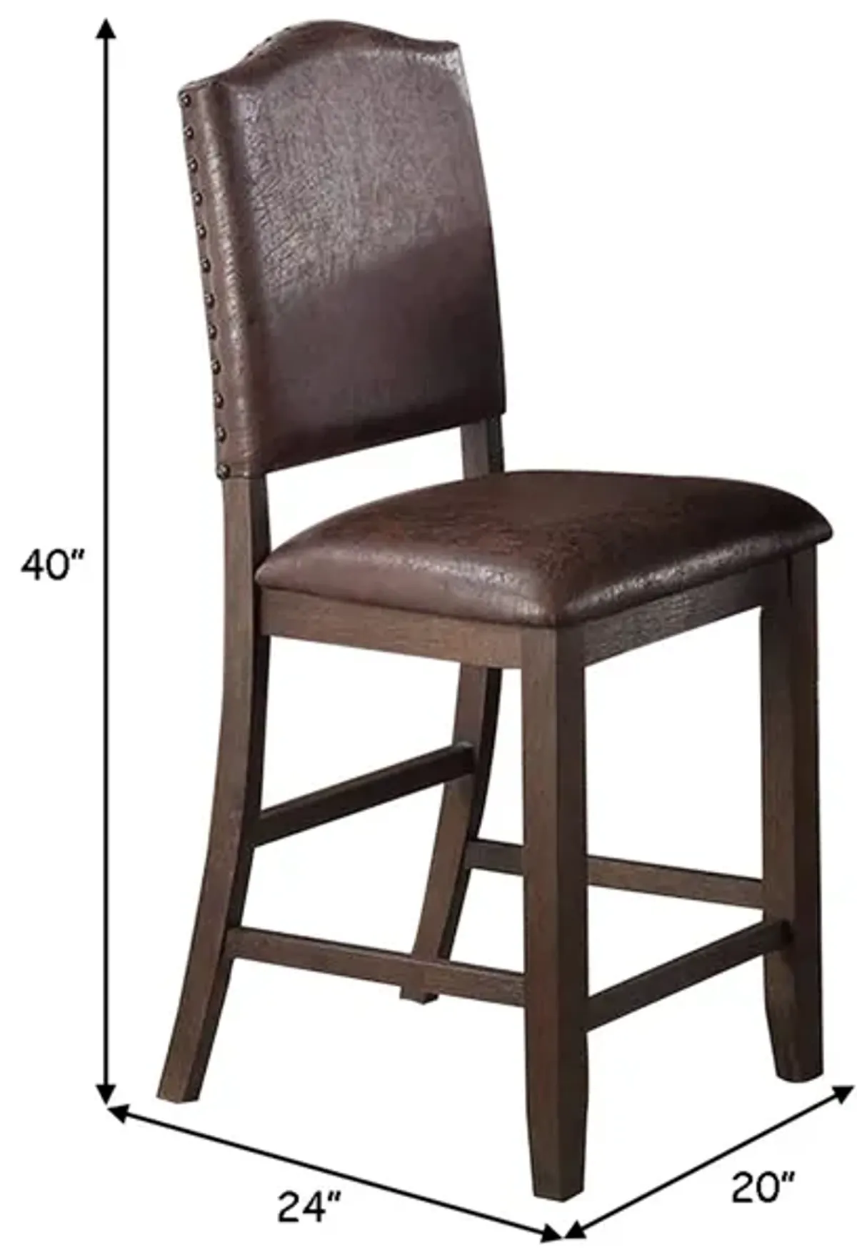 Counter Height Chair with Leatherette Seat and Rivets, Set of 2, Brown-Benzara