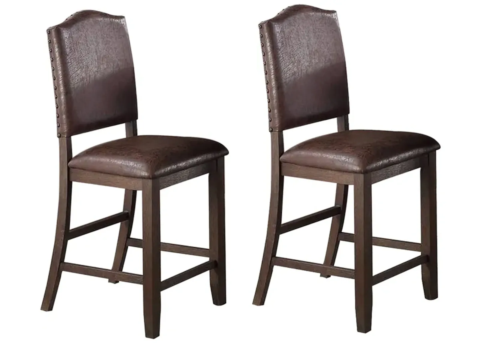 Counter Height Chair with Leatherette Seat and Rivets, Set of 2, Brown-Benzara