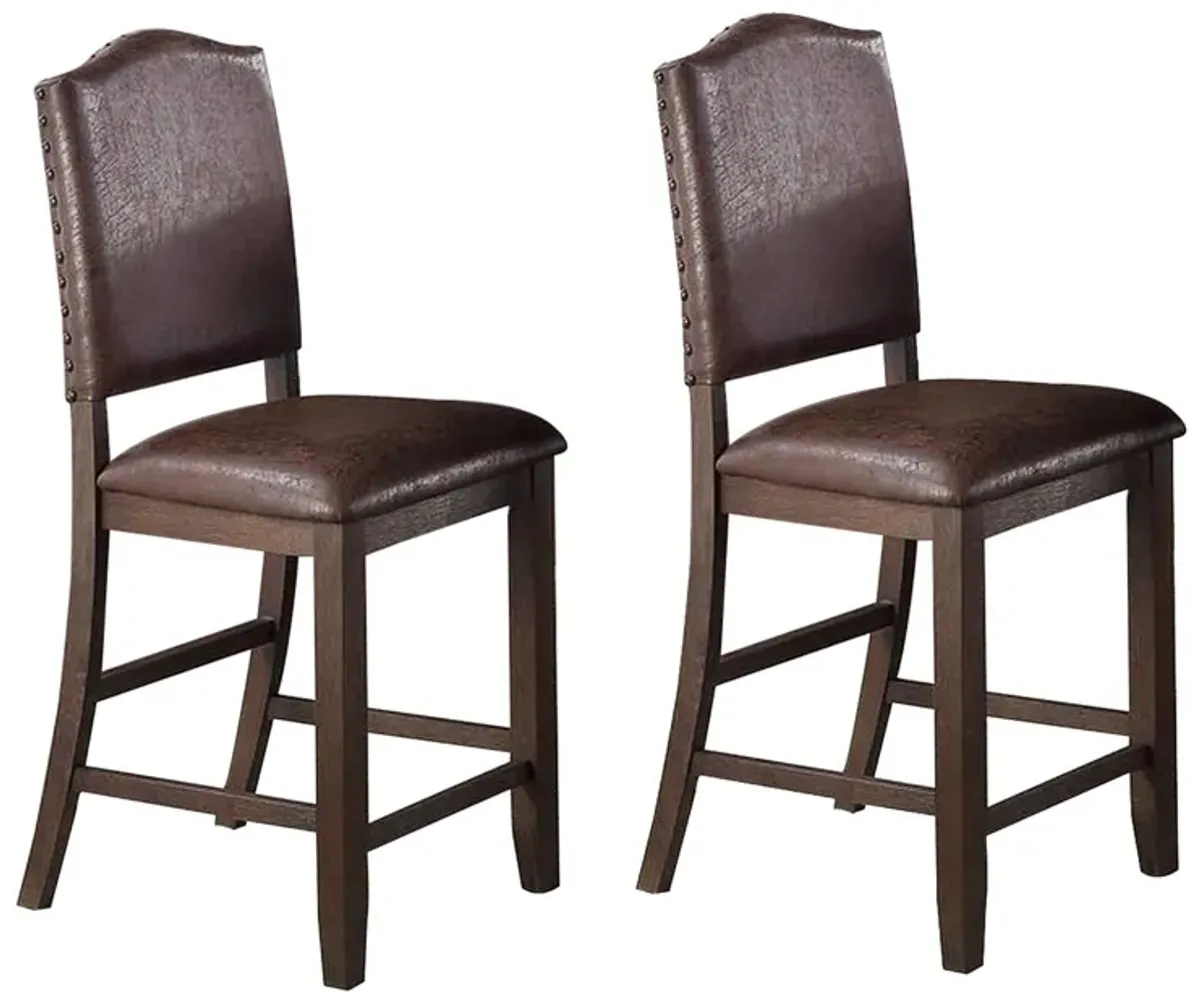 Counter Height Chair with Leatherette Seat and Rivets, Set of 2, Brown-Benzara