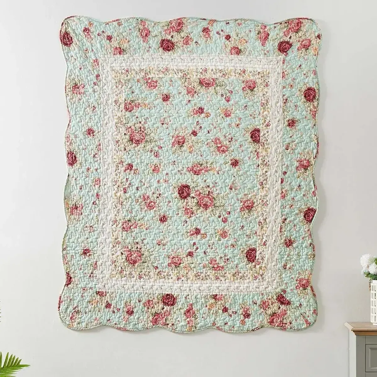 Greenland Home Antique Rose Floral and Pinstripe Print with Dainty Scrolling Floral Throw 50"x60" Blue