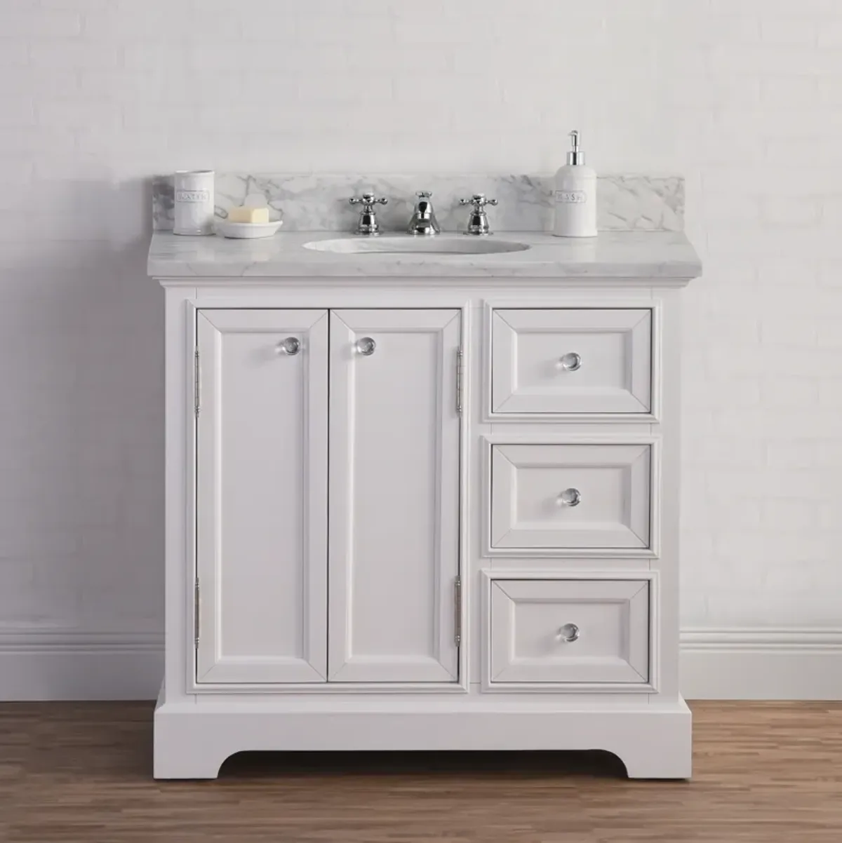 Derby 36 In. Single Sink Carrara White Marble Countertop Bath Vanity In Pure White