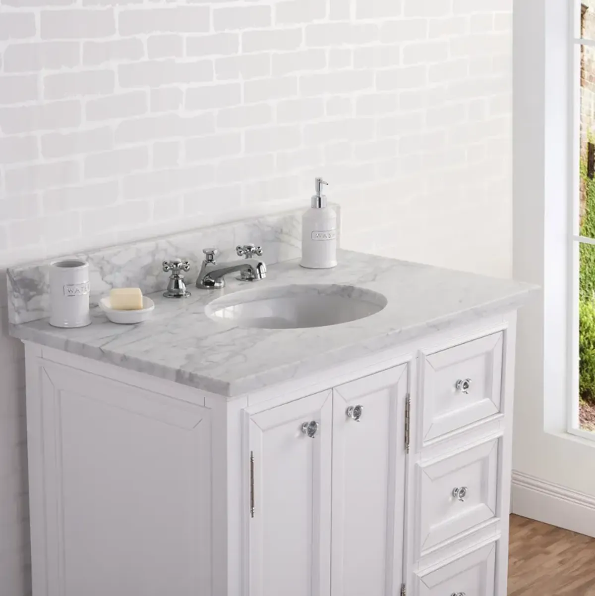 Derby 36 In. Single Sink Carrara White Marble Countertop Bath Vanity In Pure White