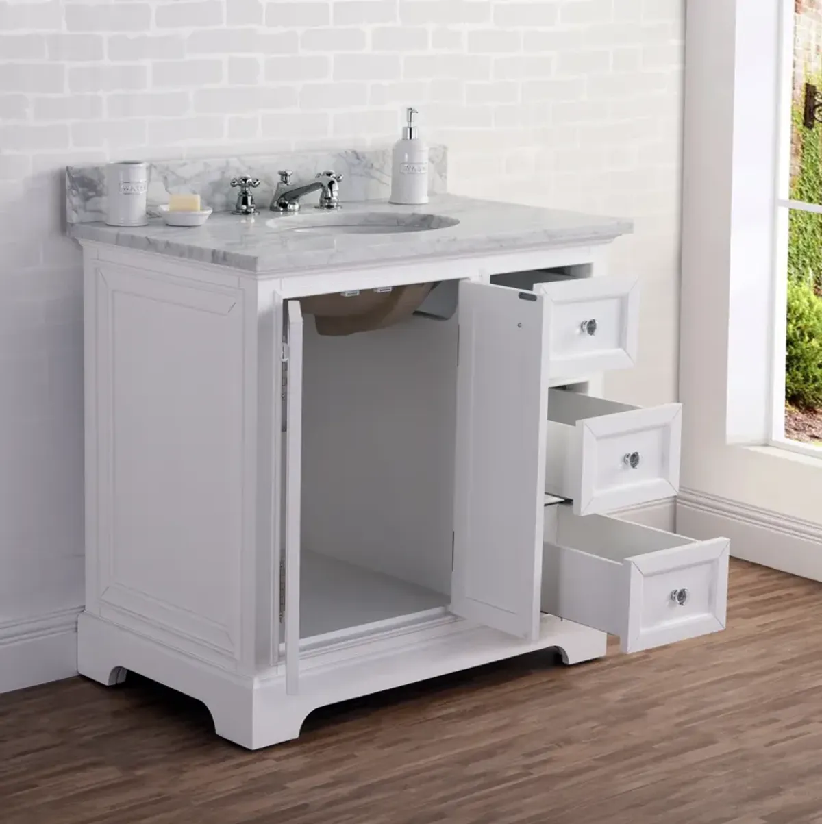 Derby 36 In. Single Sink Carrara White Marble Countertop Bath Vanity In Pure White