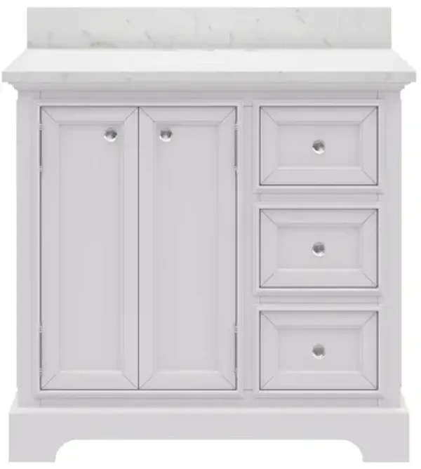 Derby 36 In. Single Sink Carrara White Marble Countertop Bath Vanity In Pure White