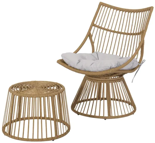 Laine 2 Piece Side Table and Chair Set, Light Brown Outdoor Faux Rattan - Benzara