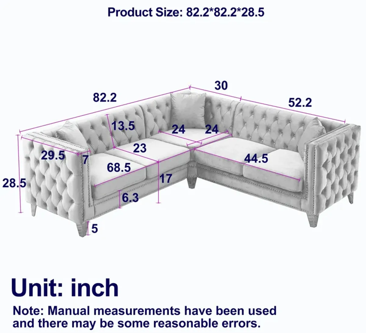 82.2" Velvet L-Shaped Corner Sofa, 5-Seater, 3 Cushions