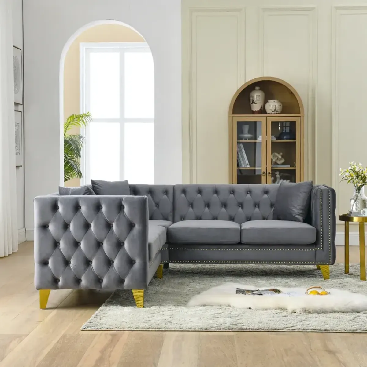 82.2" Velvet L-Shaped Corner Sofa, 5-Seater, 3 Cushions