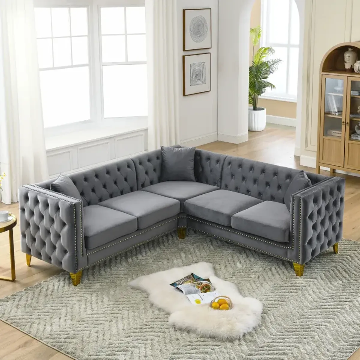 82.2" Velvet L-Shaped Corner Sofa, 5-Seater, 3 Cushions