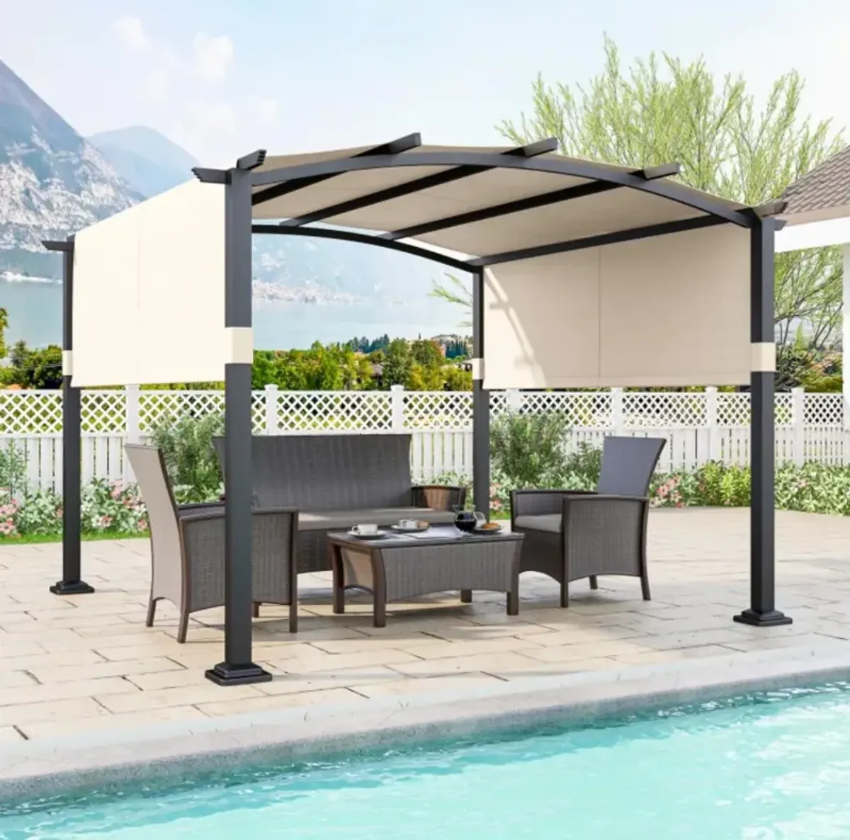 Hivvago 10 x 10 ft Outdoor Pergola Modern Arched Patio Garden Shelter with Retractable Sunshade Canopy