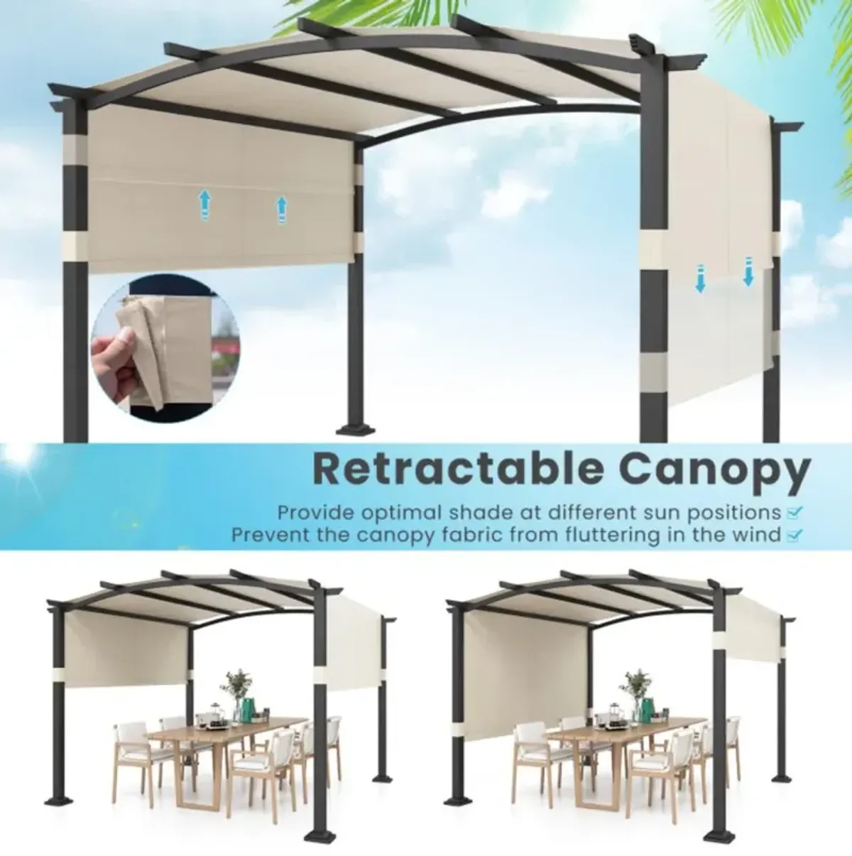 Hivvago 10 x 10 ft Outdoor Pergola Modern Arched Patio Garden Shelter with Retractable Sunshade Canopy