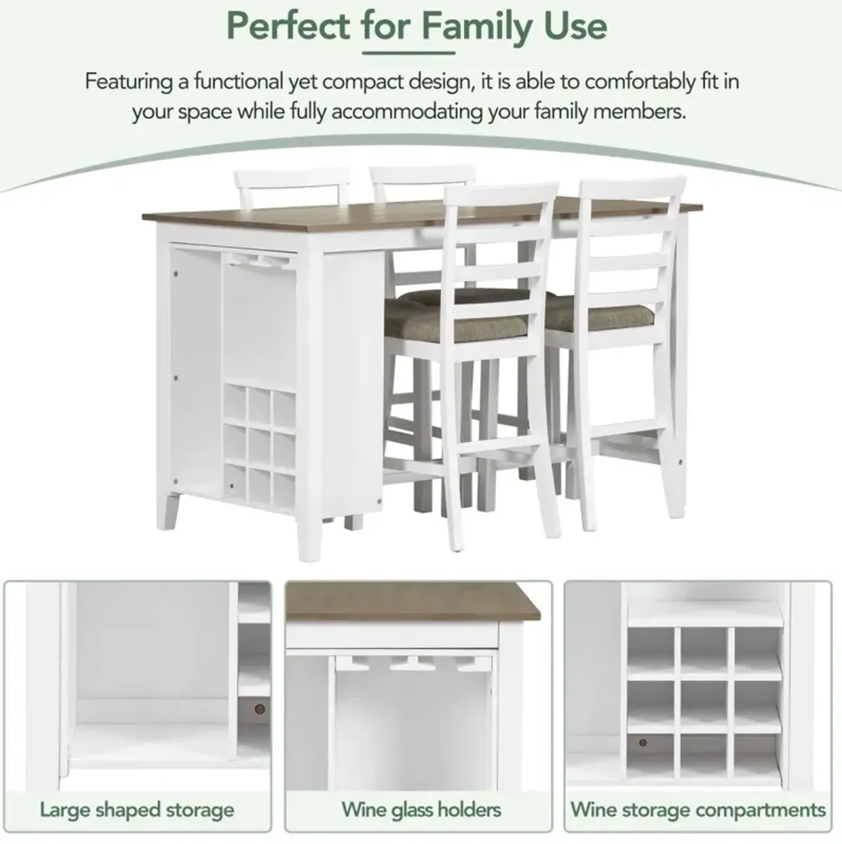 5-Piece Multi-Functional Rubberwood Counter Height Dining Set With Padded Chairs