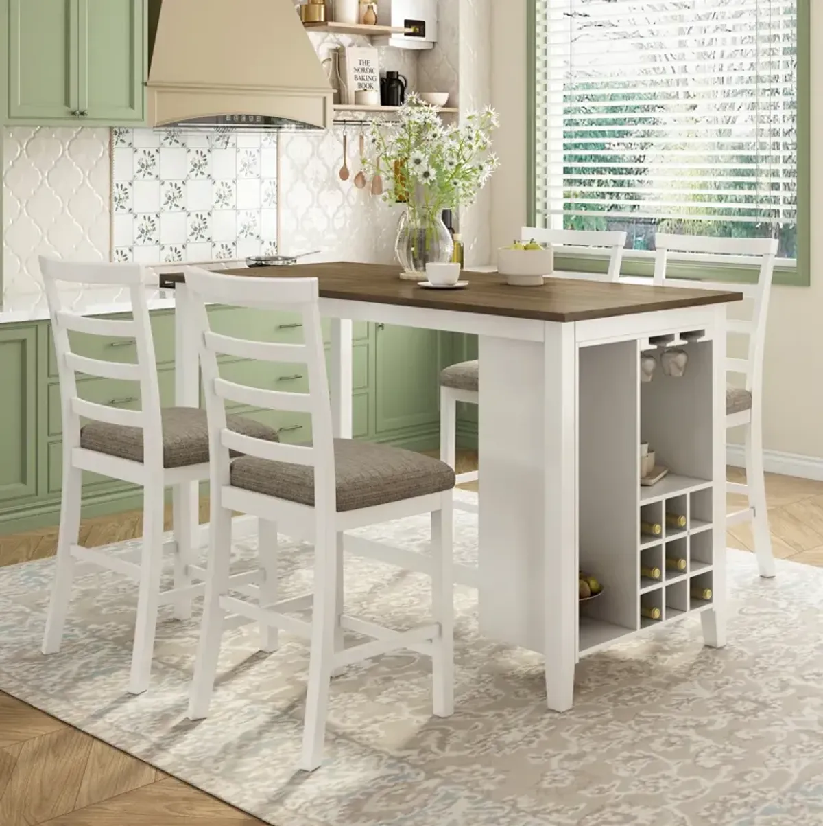 5-Piece Multi-Functional Rubberwood Counter Height Dining Set With Padded Chairs