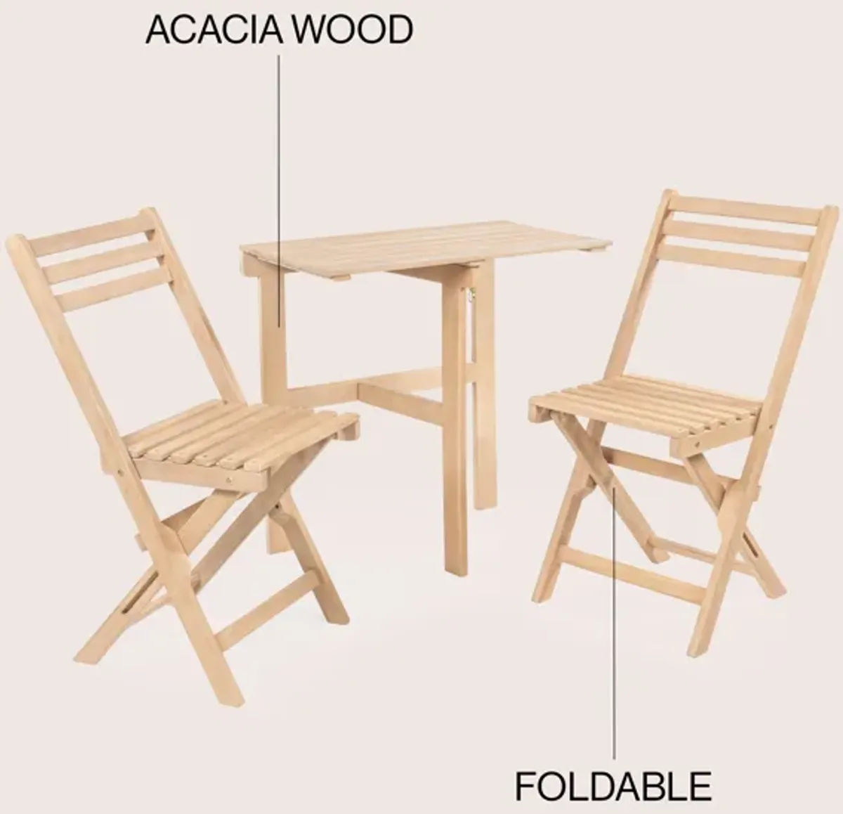 Nerja Modern Traditional 3-Piece Acacia Wood Half-Rectangular Outdoor Folding Bistro Set