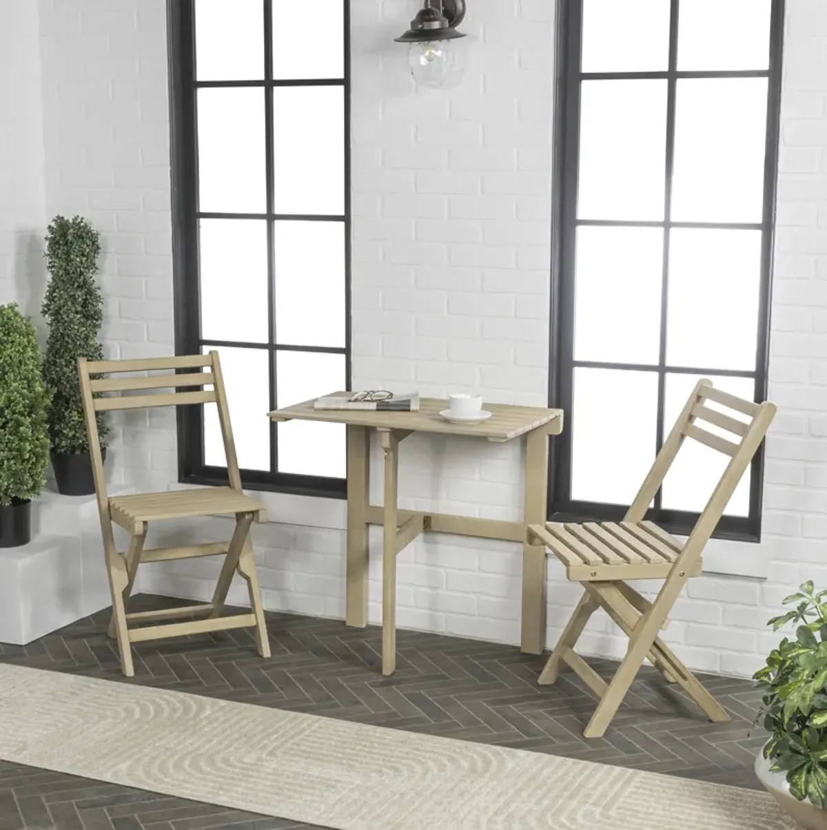 Nerja Modern Traditional 3-Piece Acacia Wood Half-Rectangular Outdoor Folding Bistro Set