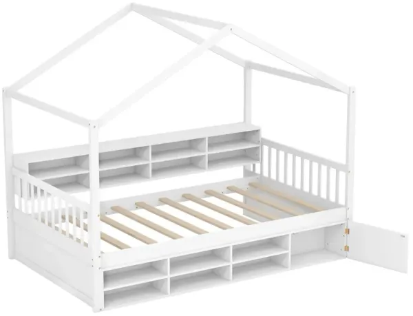 Fun House Bed with Roof Design, 14 Storage Compartments & Cabinet