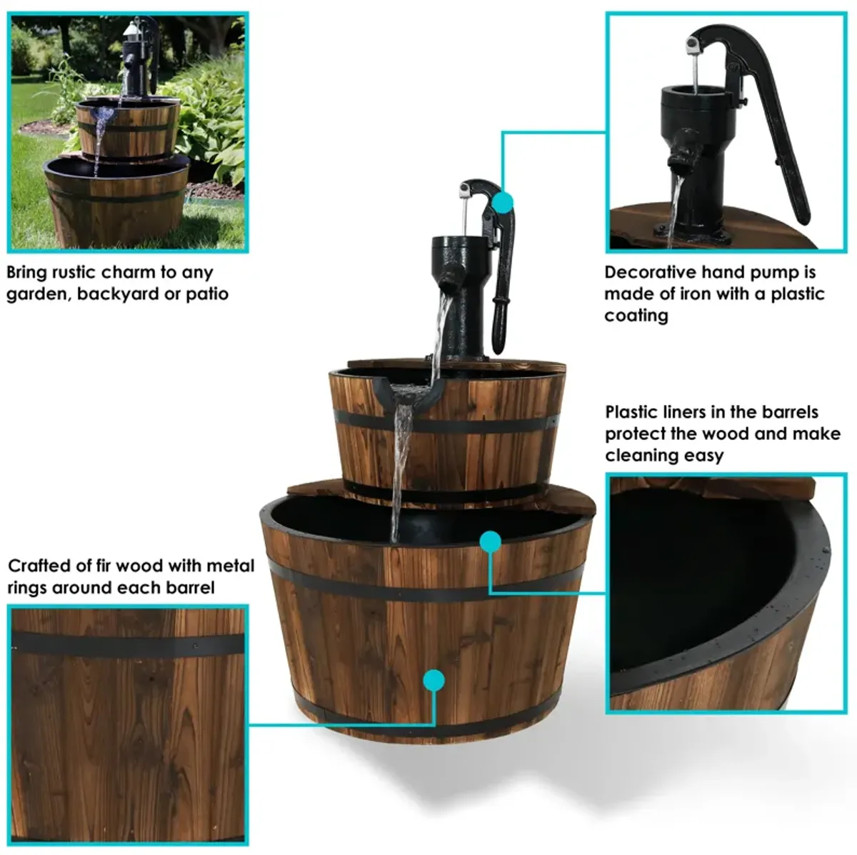 Sunnydaze Rustic 2-Tier Wood Barrel Water Fountain with Hand Pump - 34 in