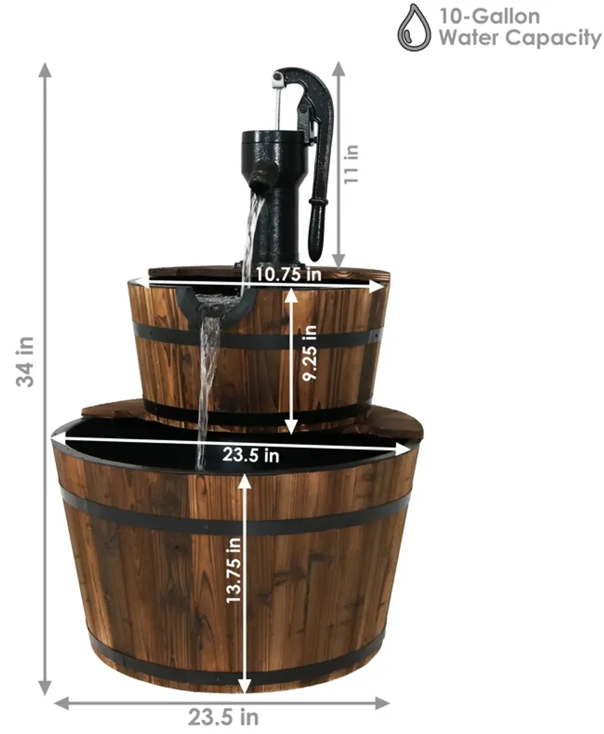 Sunnydaze Rustic 2-Tier Wood Barrel Water Fountain with Hand Pump - 34 in