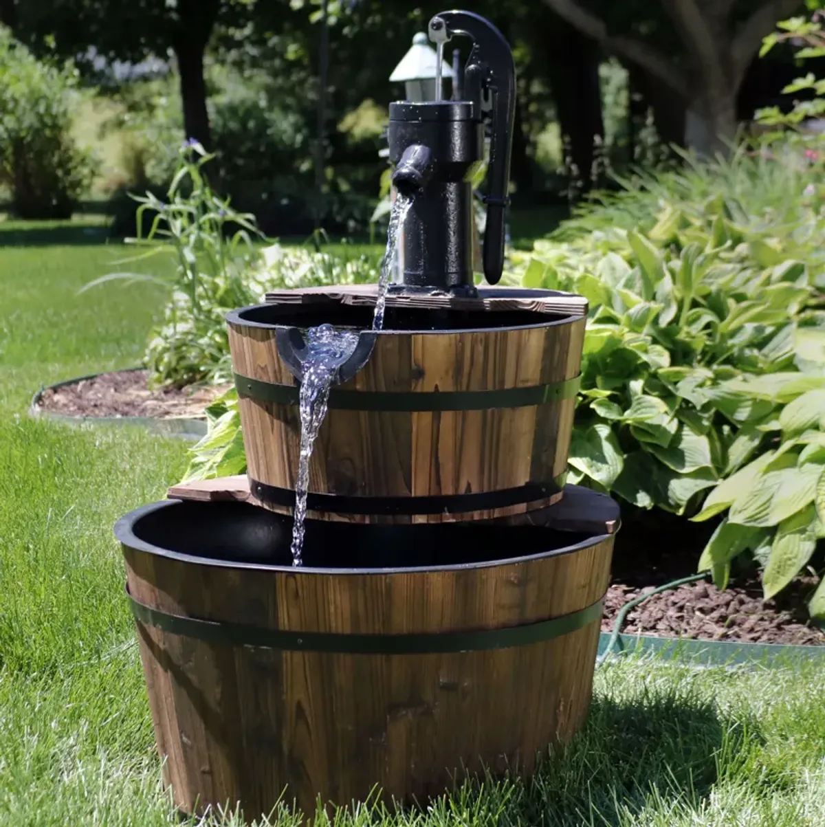 Sunnydaze Rustic 2-Tier Wood Barrel Water Fountain with Hand Pump - 34 in