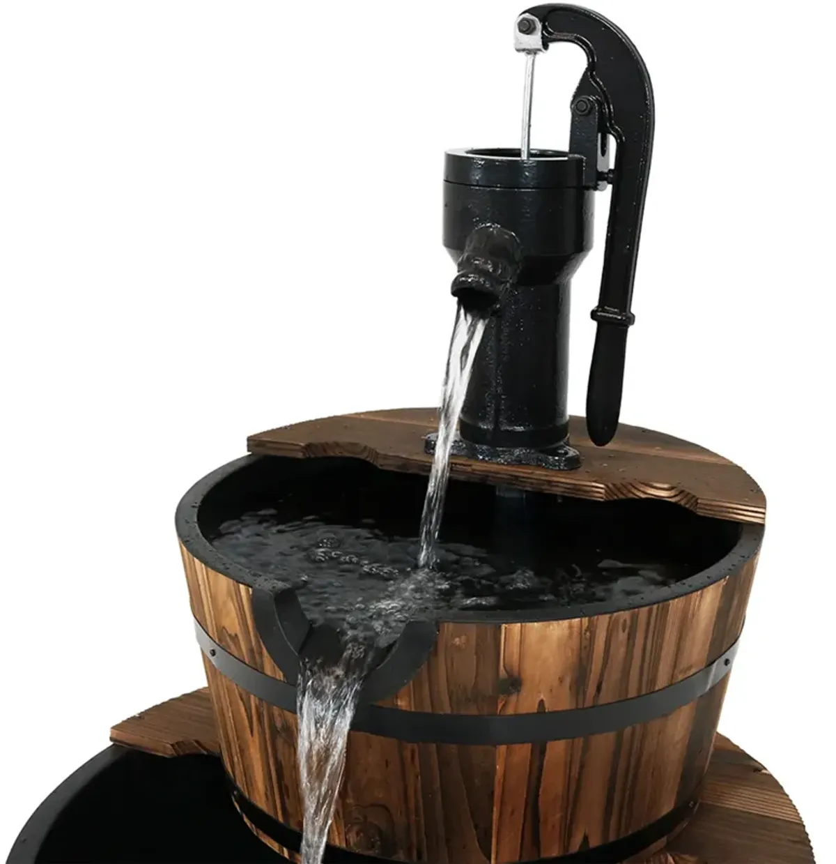 Sunnydaze Rustic 2-Tier Wood Barrel Water Fountain with Hand Pump - 34 in