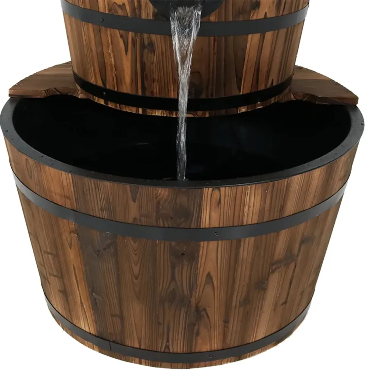 Sunnydaze Rustic 2-Tier Wood Barrel Water Fountain with Hand Pump - 34 in