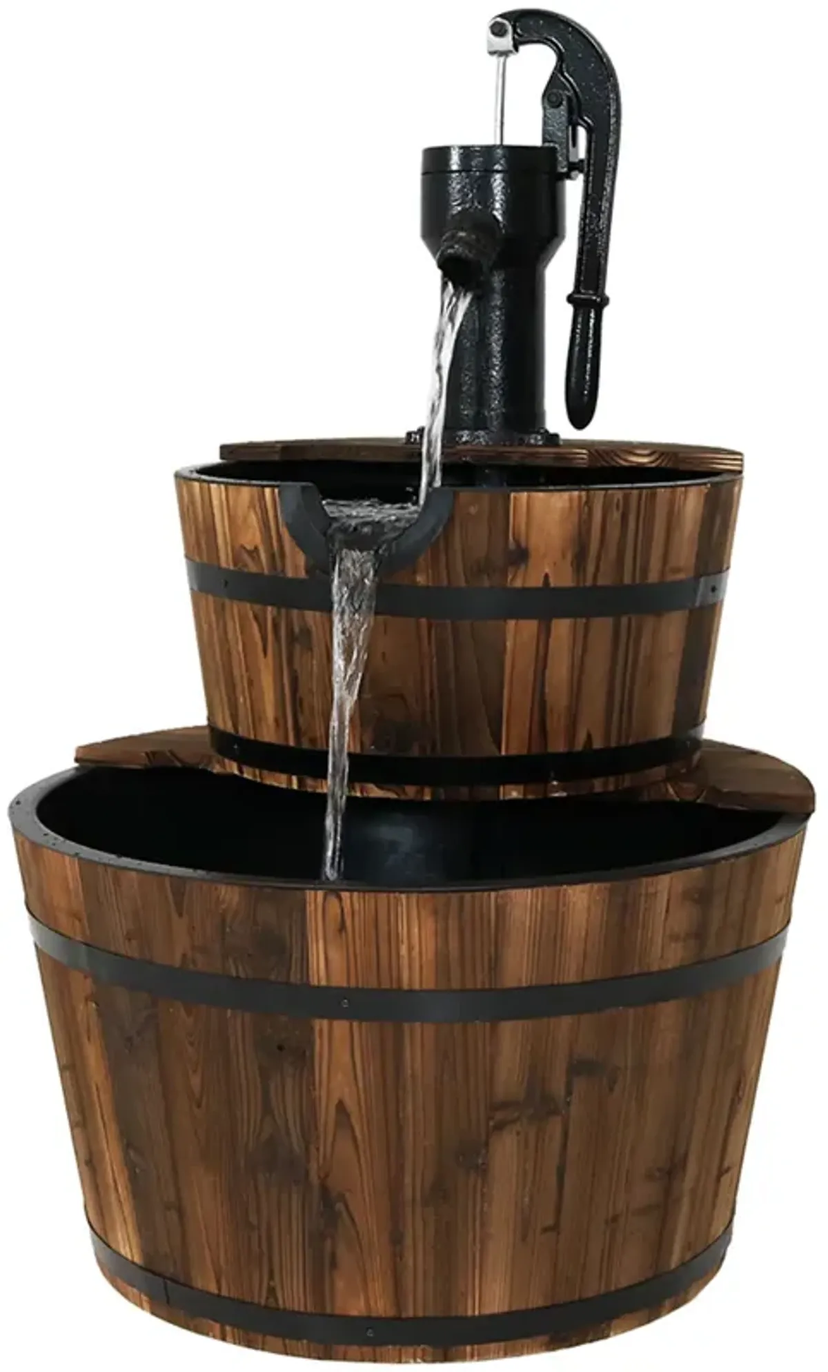 Sunnydaze Rustic 2-Tier Wood Barrel Water Fountain with Hand Pump - 34 in