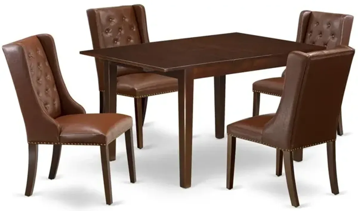 East West Furniture MLFO5-MAH-46 5-Pc Dinette Room Set Includes 1 Butterfly leaf Rectangular Dining Table and 4 Brown Linen Fabric Padded Parson Chair with Button Tufted Back - Mahogany Finish