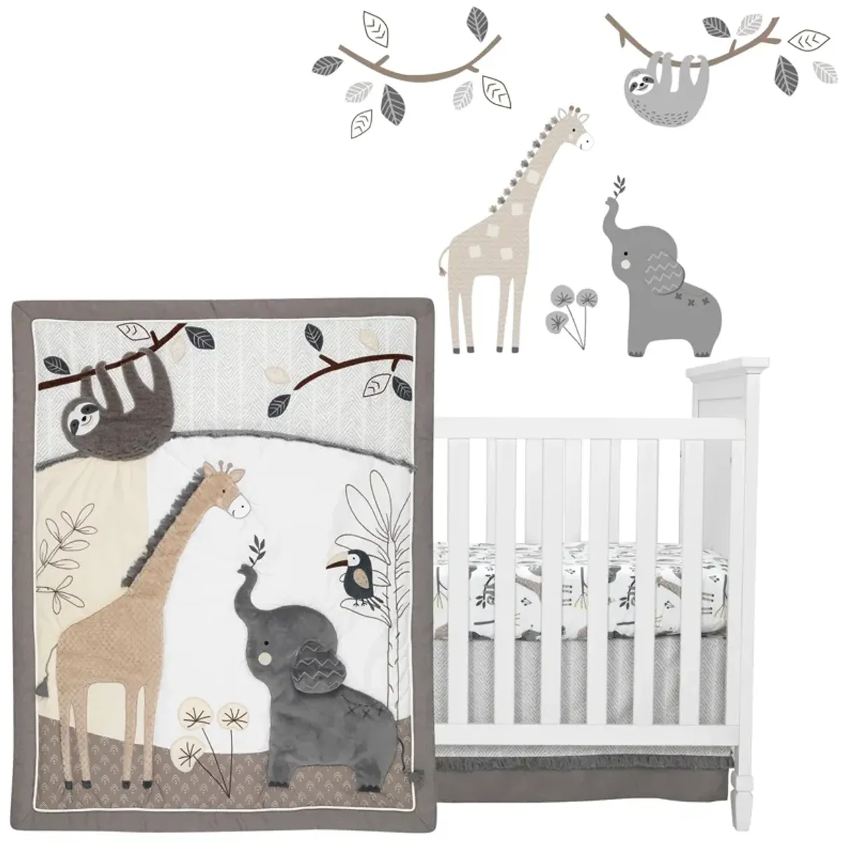 Lambs & Ivy Baby Jungle Animals 4-Piece Gray/White/Taupe Crib Bedding Set