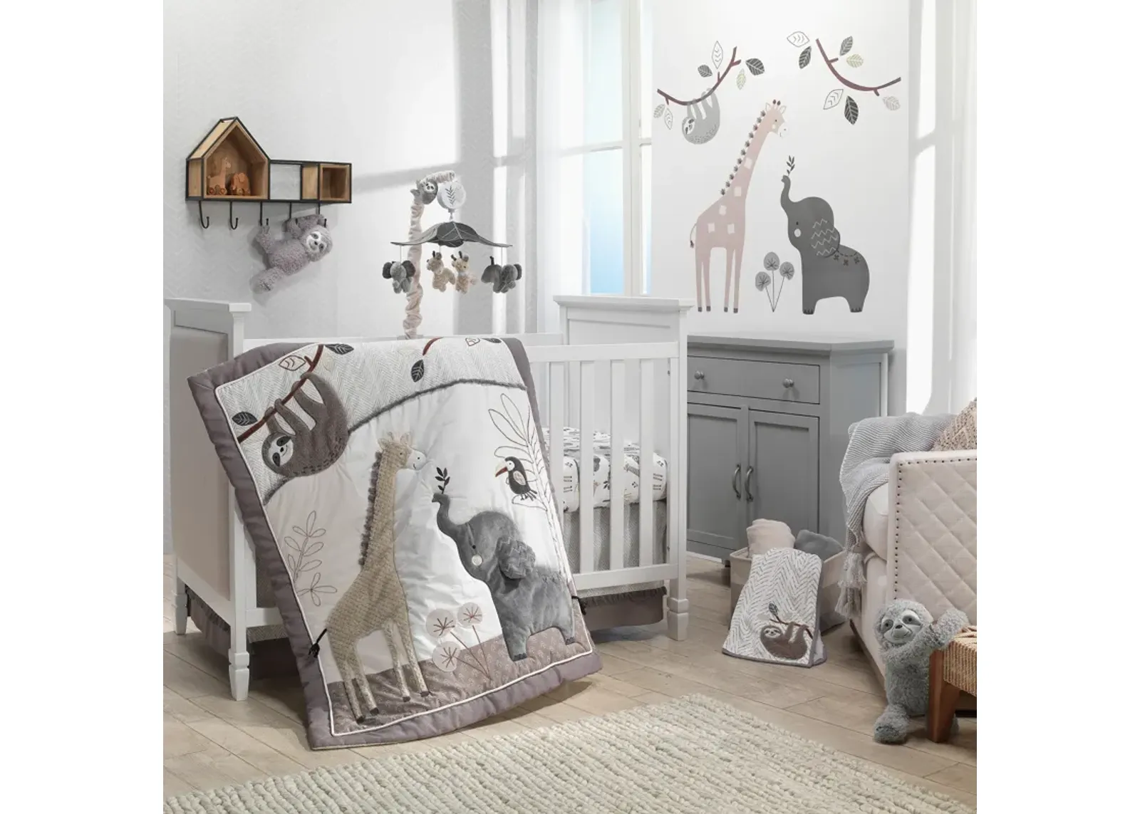 Lambs & Ivy Baby Jungle Animals 4-Piece Gray/White/Taupe Crib Bedding Set