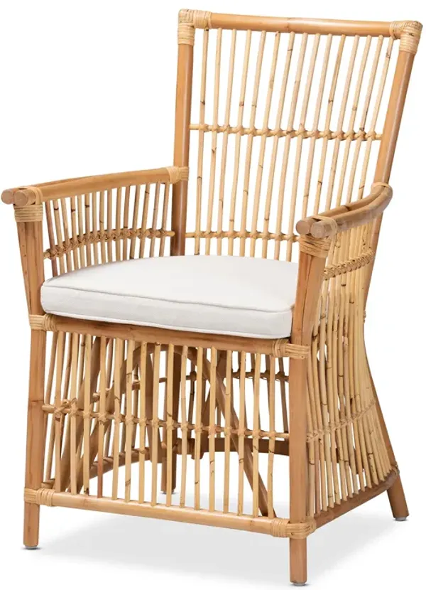 Baxton Studio Rose Modern Bohemian White Fabric Upholstered and Natural Brown Rattan Armchair