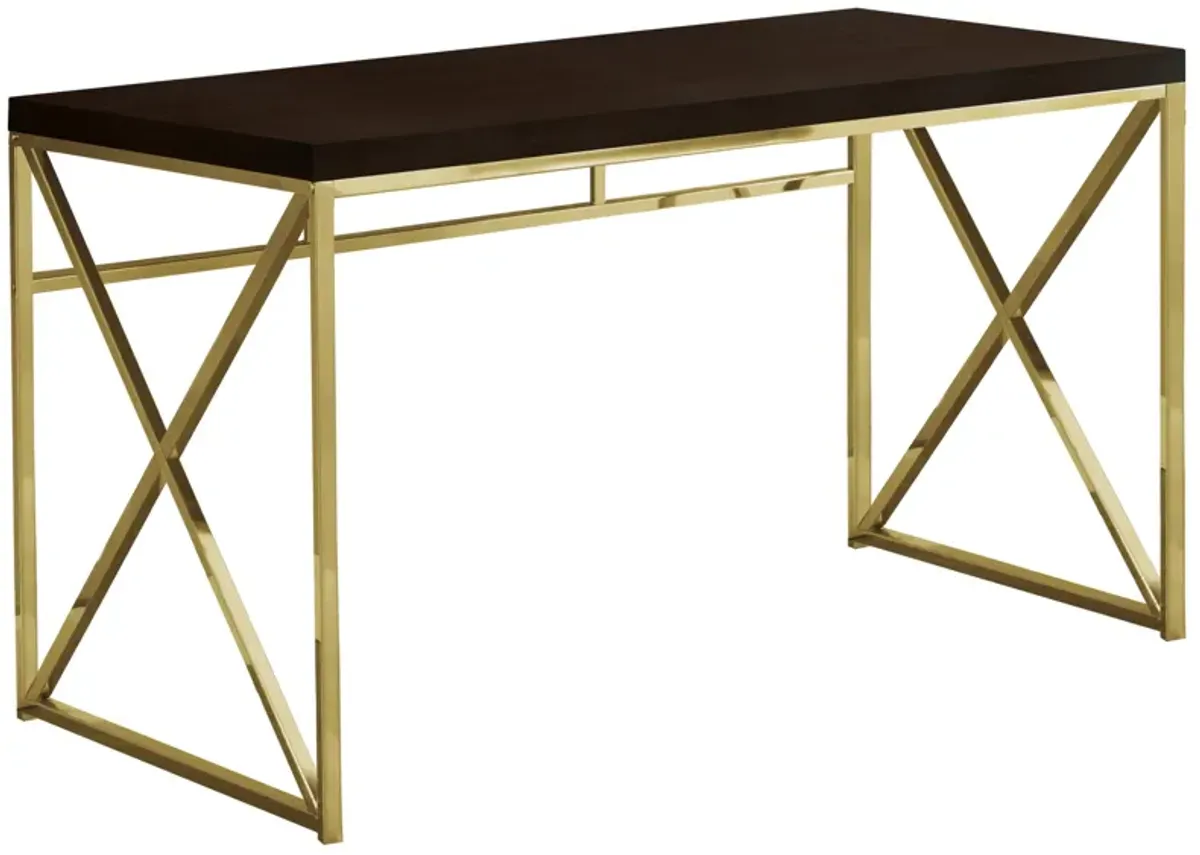 Computer Desk, Home Office, Laptop, Work, Metal, Laminate, Brown, Gold, Contemporary, Modern