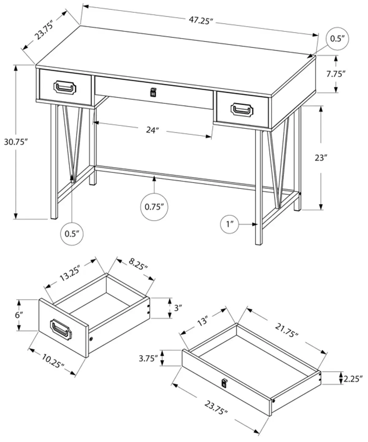 Monarch Specialties I 7413 Computer Desk, Home Office, Laptop, Storage Drawers, 48"L, Work, Metal, Laminate, Grey, Black, Transitional