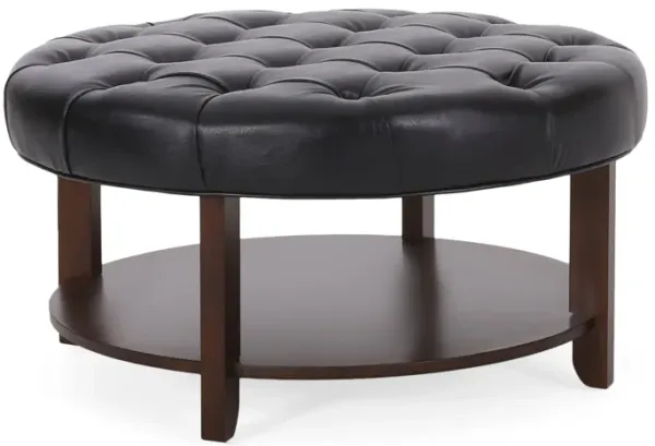 Kiam Ottoman, Shelf, Black Tufted Faux Leather, Brown Wood 32 Inch - Benzara