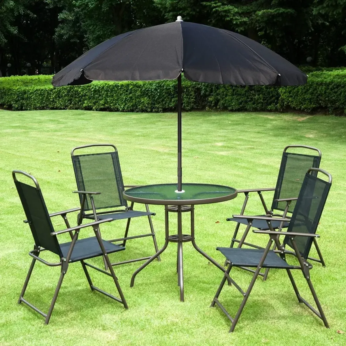 Black Outdoor Dining: 6-Piece Patio Set with Umbrella and Folding Chairs