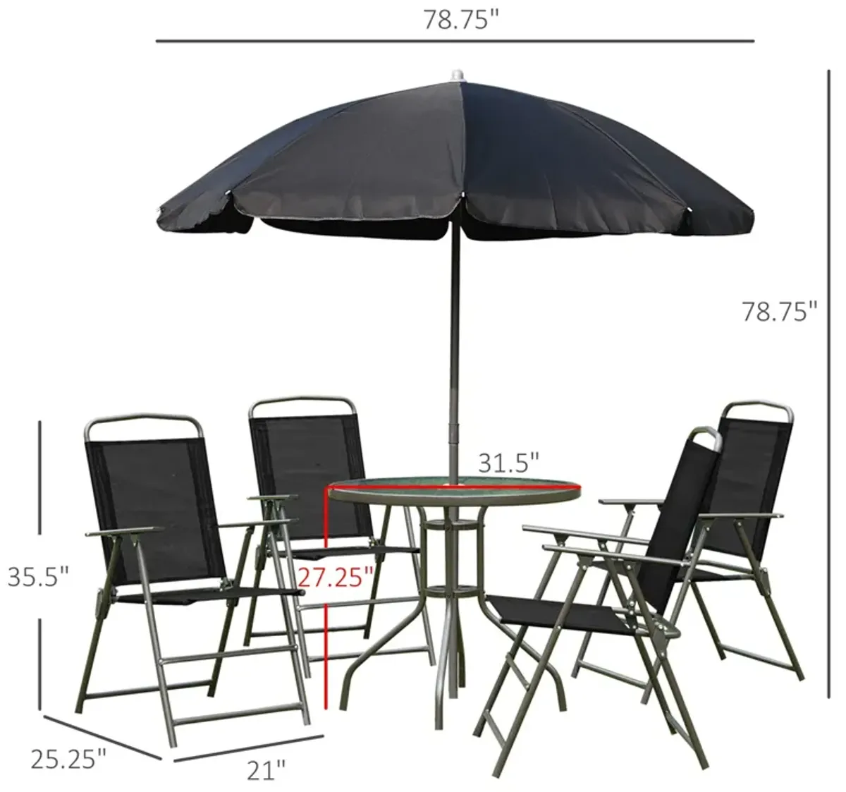 Black Outdoor Dining: 6-Piece Patio Set with Umbrella and Folding Chairs