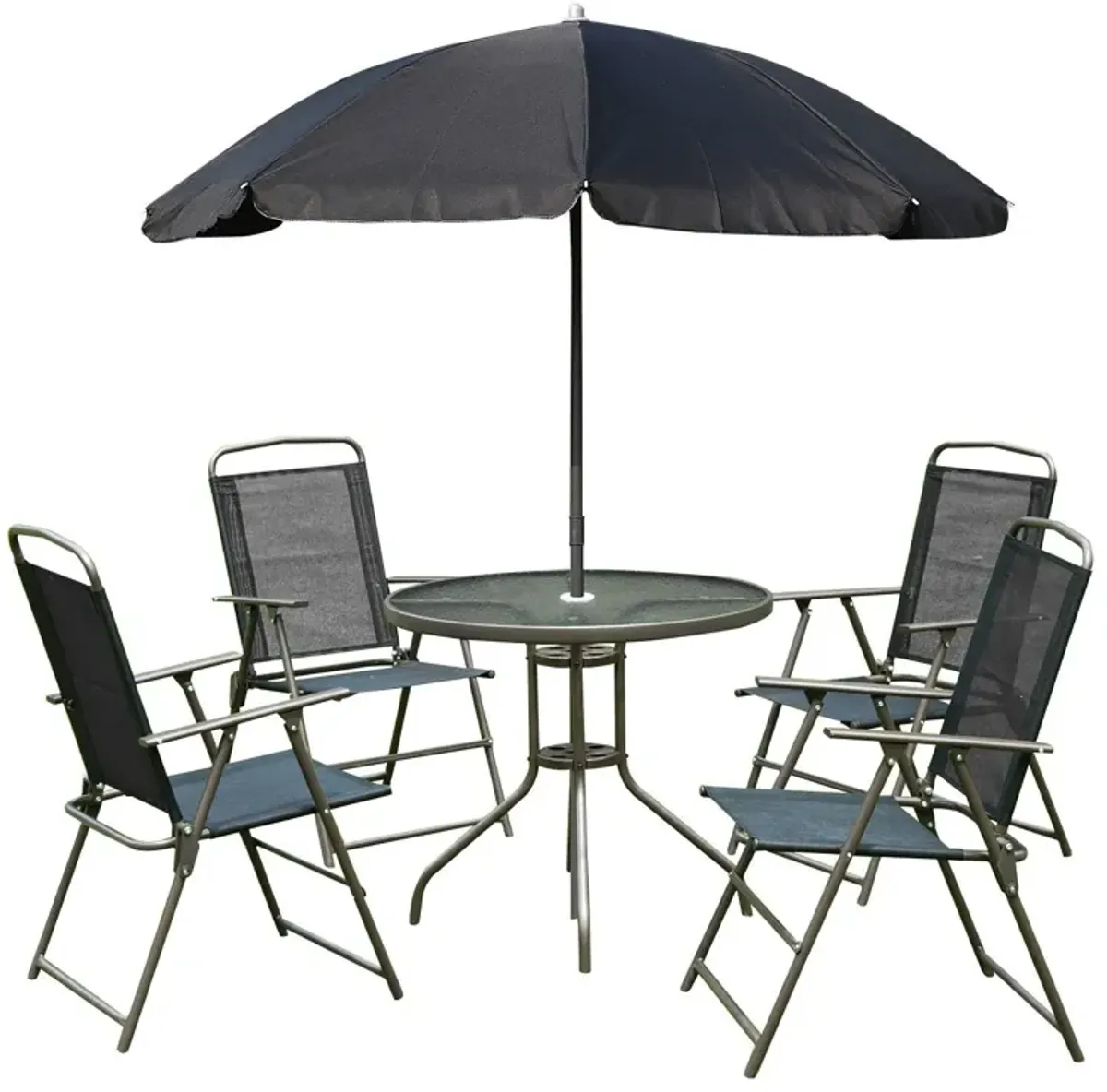 Black Outdoor Dining: 6-Piece Patio Set with Umbrella and Folding Chairs