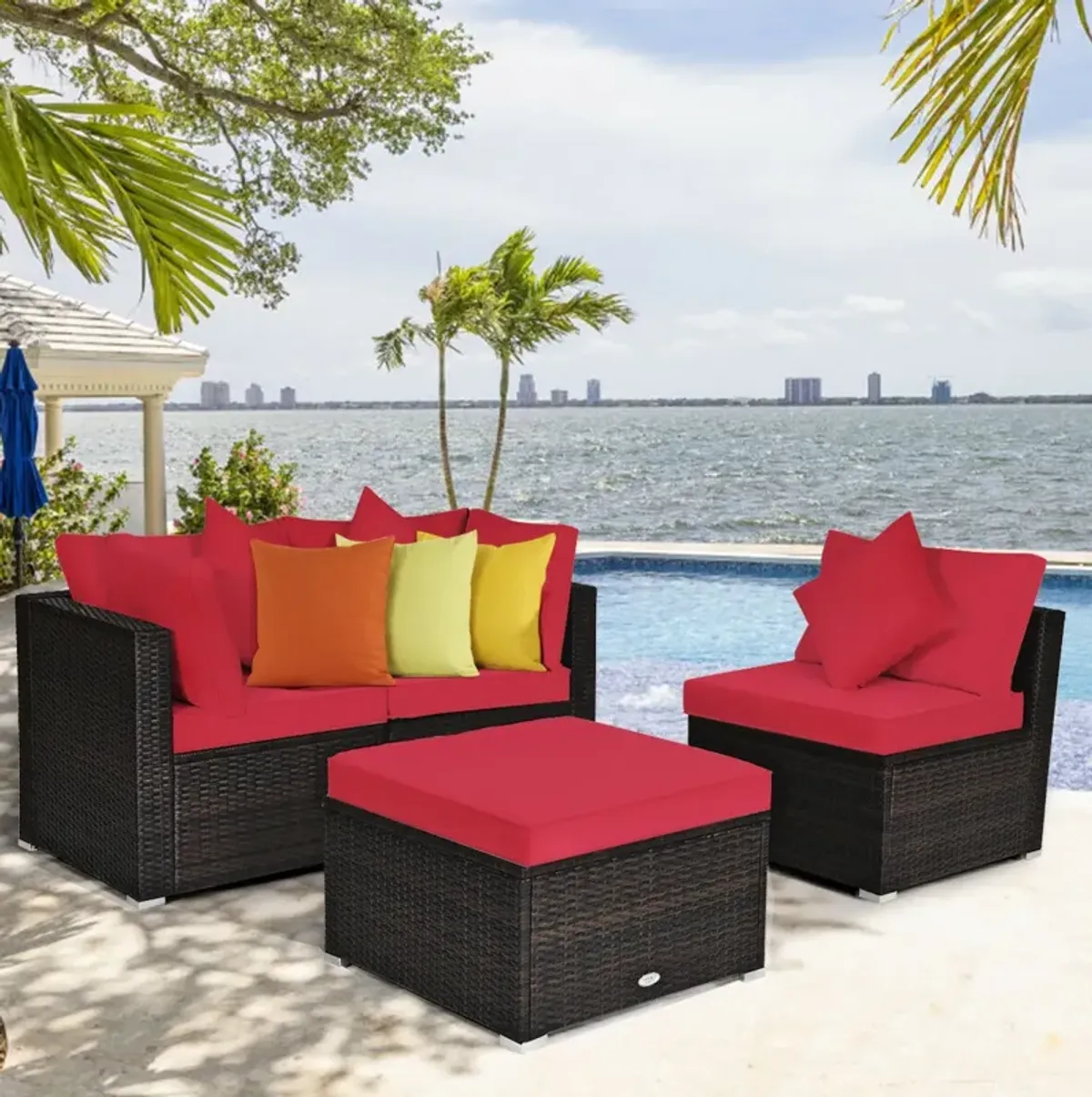 4 Pcs Ottoman Garden Deck Patio Rattan Wicker Furniture Set Cushioned Sofa