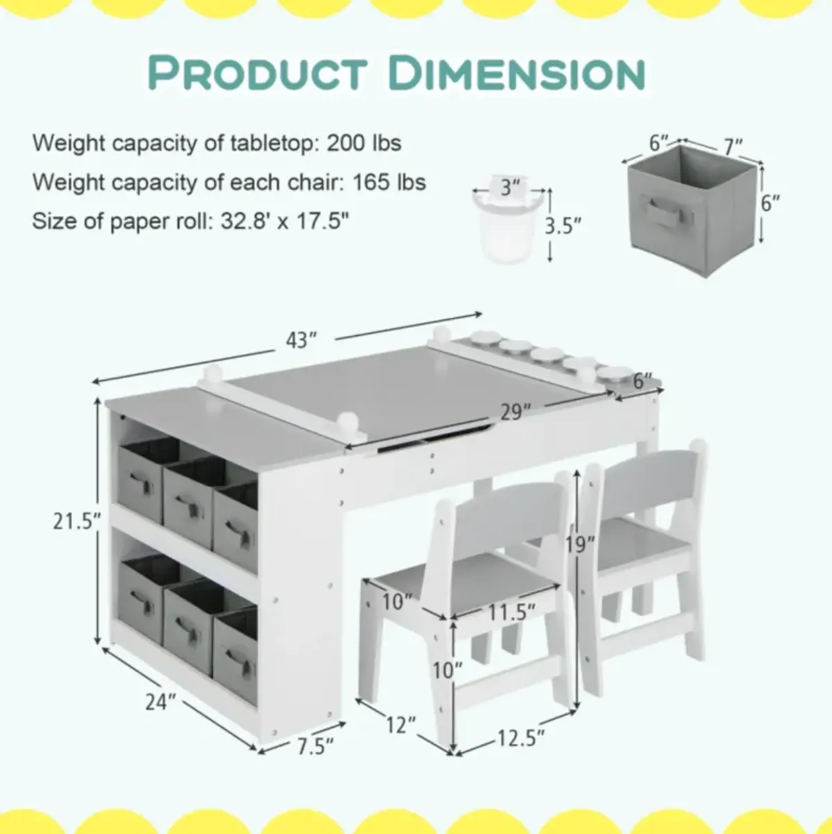 Hivvago 2-in-1 Kids Wooden Art Table and Art Easel Set with Chairs Storage Bins Paper Roll-Gray