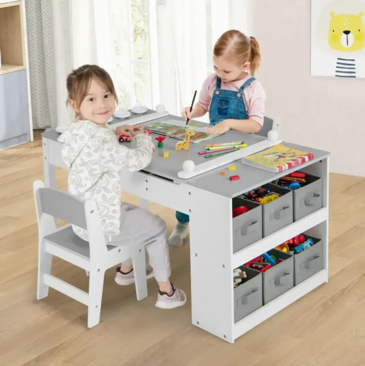 Hivvago 2-in-1 Kids Wooden Art Table and Art Easel Set with Chairs Storage Bins Paper Roll-Gray