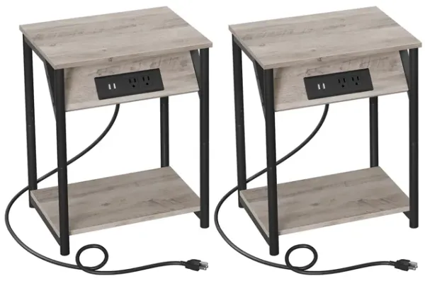 End Table Duo with Built-In Charger – Set of 2 Tables with USB Ports and AC Power Outlets for Living Spaces