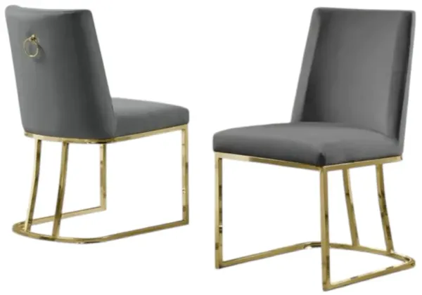 Velvet Upholstered Side Chair, Gold Color Legs  Dark Grey -Set of 2