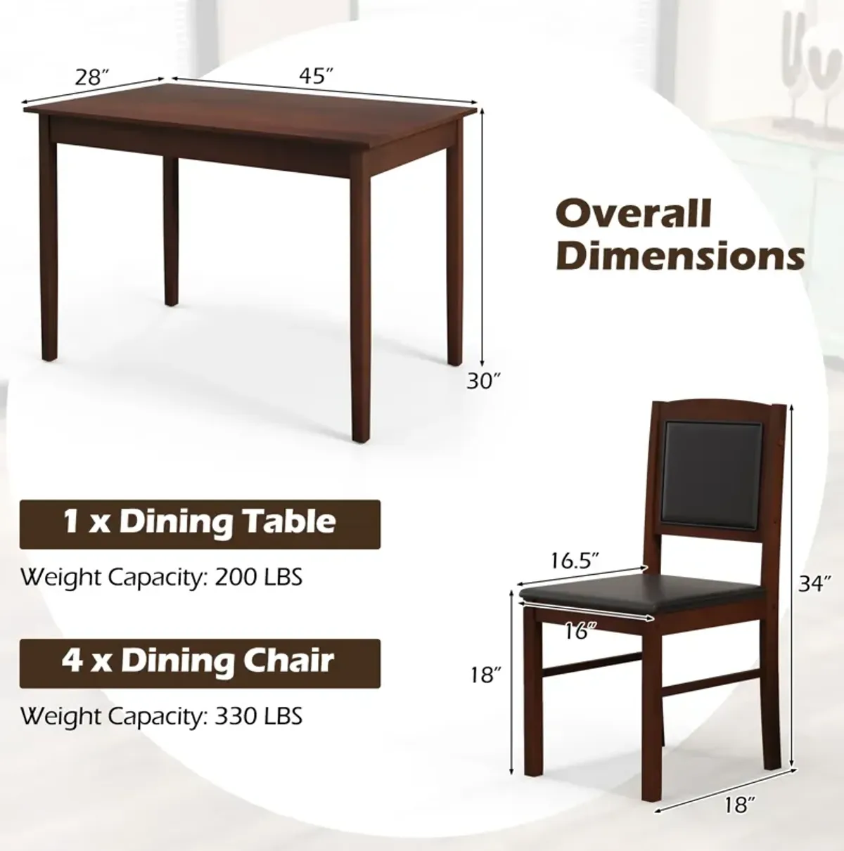 5-Piece Dining Set for 4 with Rubber Wood Legs for Small Dining Room