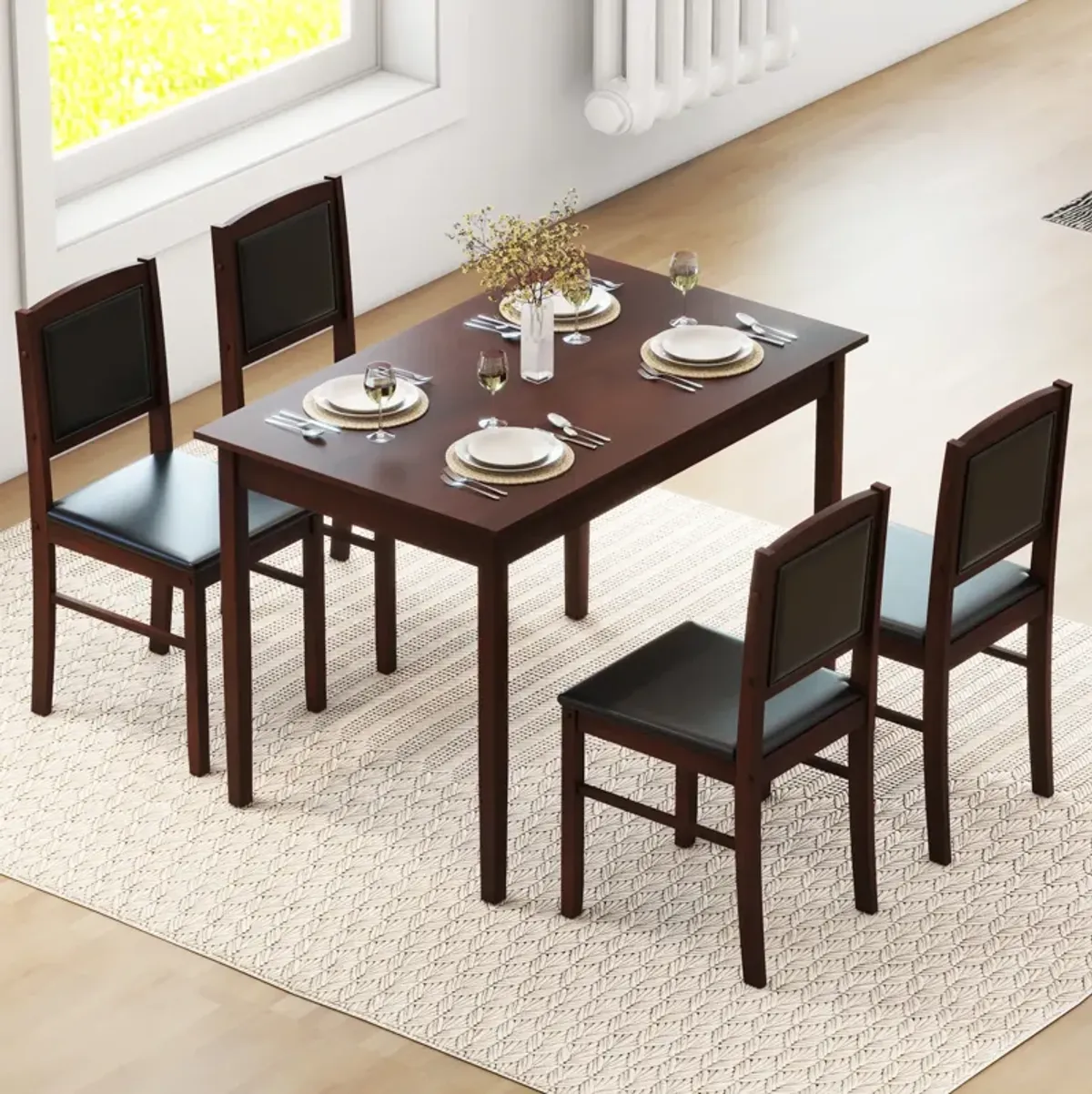 5-Piece Dining Set for 4 with Rubber Wood Legs for Small Dining Room